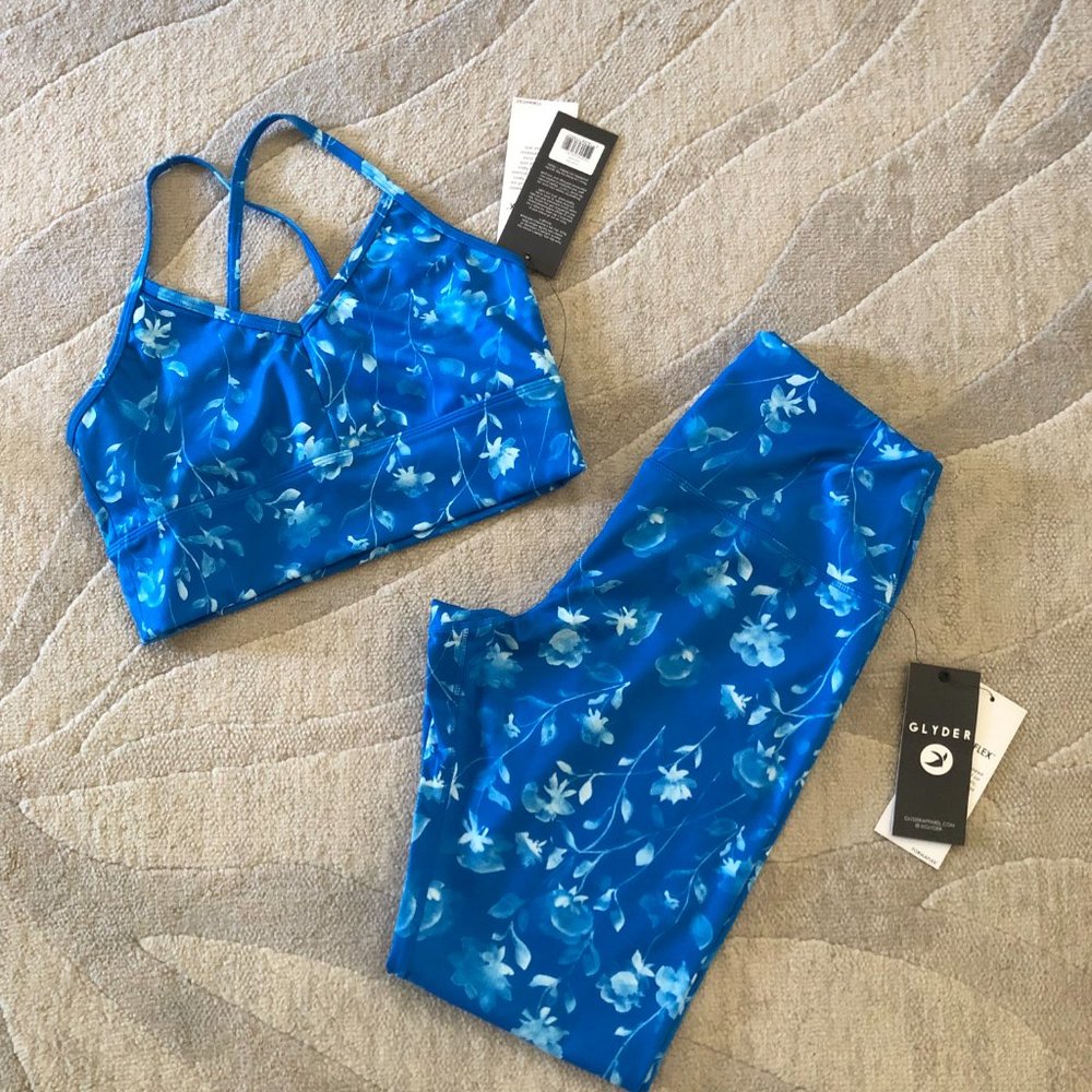 GLYDER Blue Floral Formaflex Capri Leggings and Bra Set High Rise NWT L